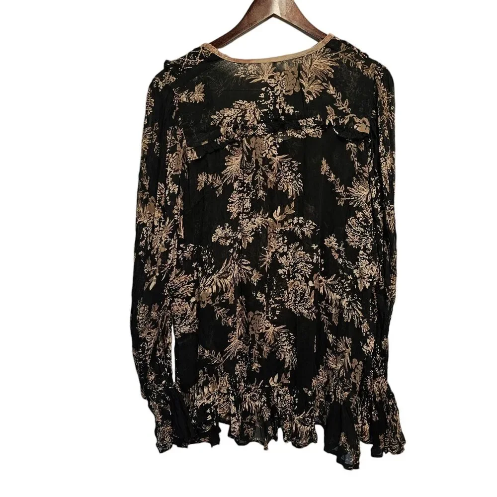 FREE PEOPLE Tunic Blouse Sheer Black Floral Velvet Beaded Accents SMALL Oversize